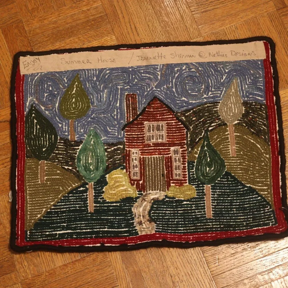 VINTAGE Hand Hooked Rug Summer HOME House Trees Landscape Primitive Folk 19x15